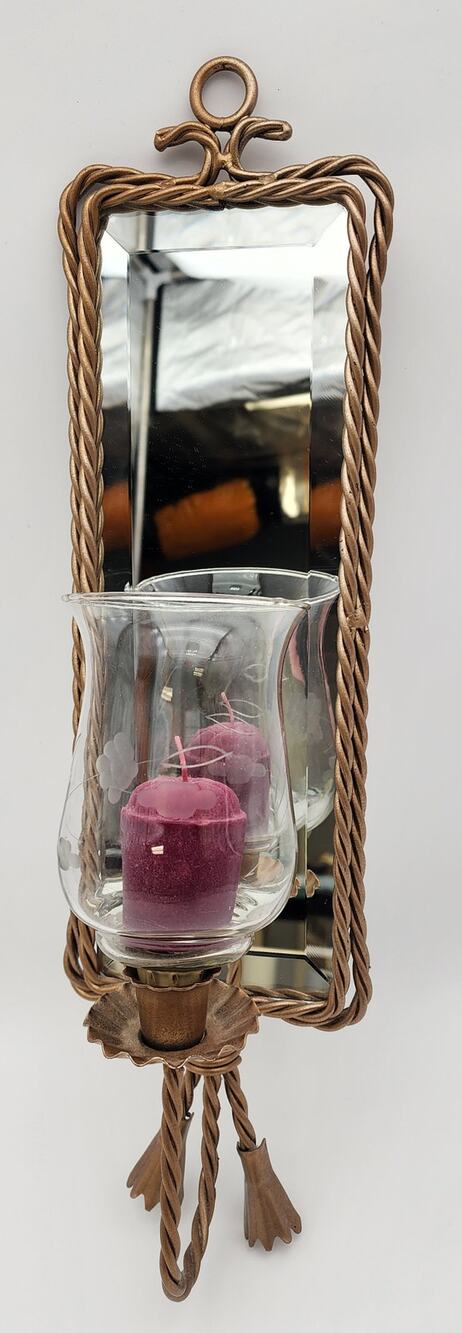 Antique Gold Wall Mirror Candle Holder – Etched Glass Hurricane w/ Purple Candle